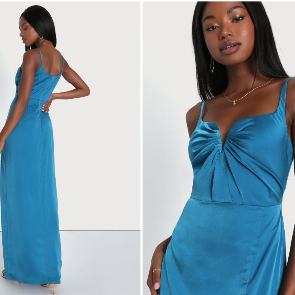 Lulus Lovely Drama Blue Satin Sleeveless A-line Maxi Dress - Size XL - Picture 3 of 3